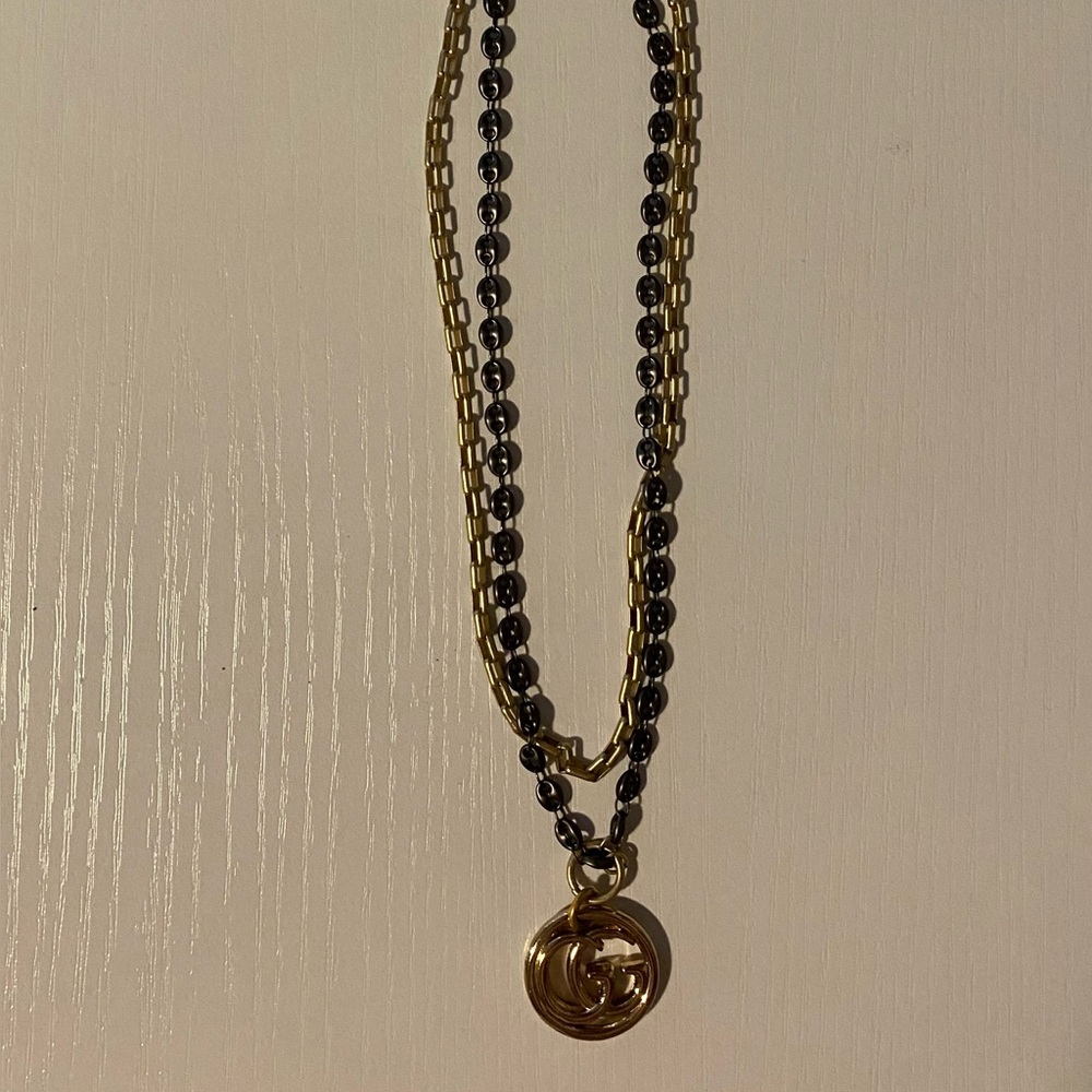 Gucci button repurposed - Black and Gold Chain Necklace - Shiver and Duke